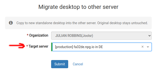 Desktop auf einen anderen Server kopieren/verschieben – Formular