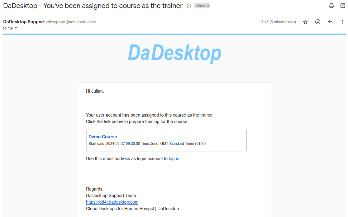 Die Trainer erhalten E-Mails über Kursaufgaben.