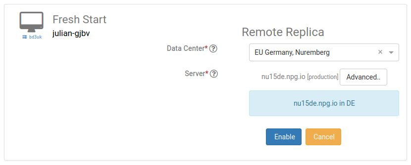 Wählen Sie „Remote-Replikat“ aus dem Rechenzentrum aus.