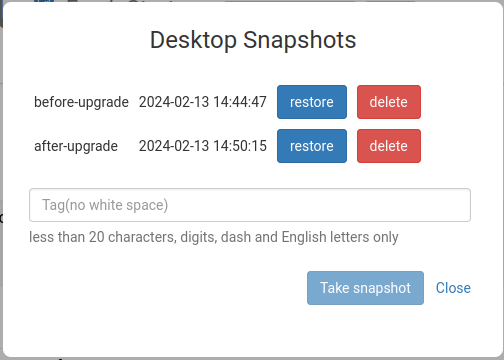 Snapshot-Dialog (Liste, Wiederherstellen)